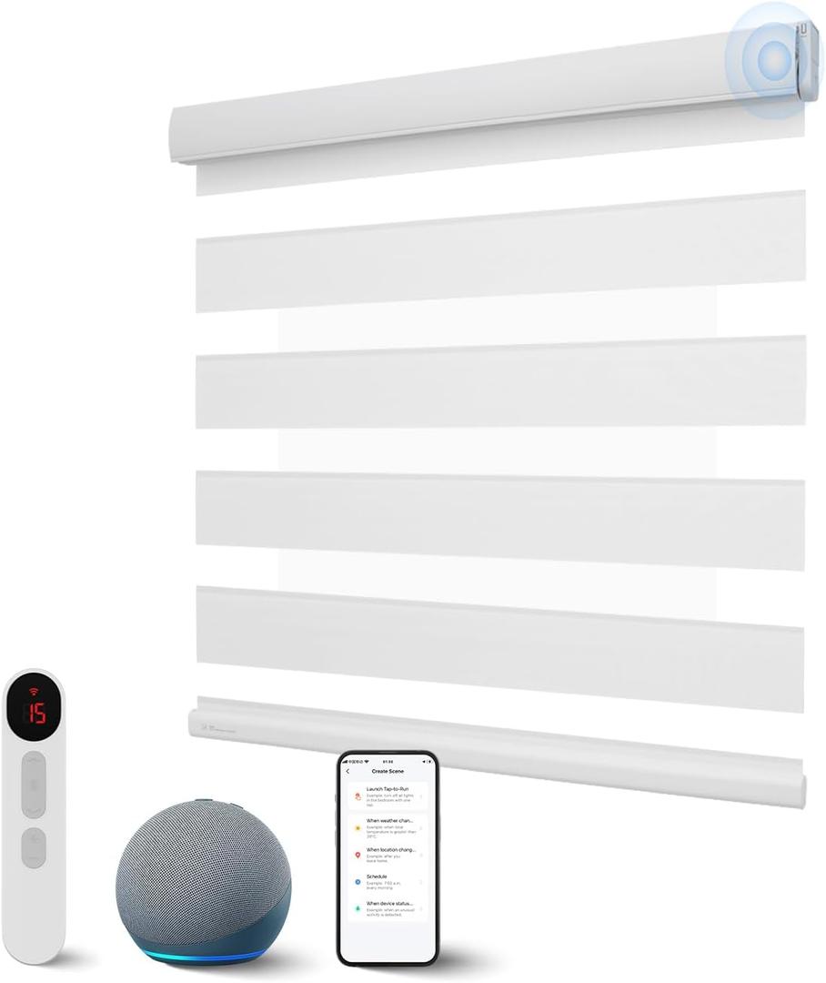 Motorized Zebra Blinds with Remote, Smart Dual Layer Automatic Shades with Privacy Light Control, Cordless Electric Blackout Blind for Indoor Windows, White, 27" W x 72" H