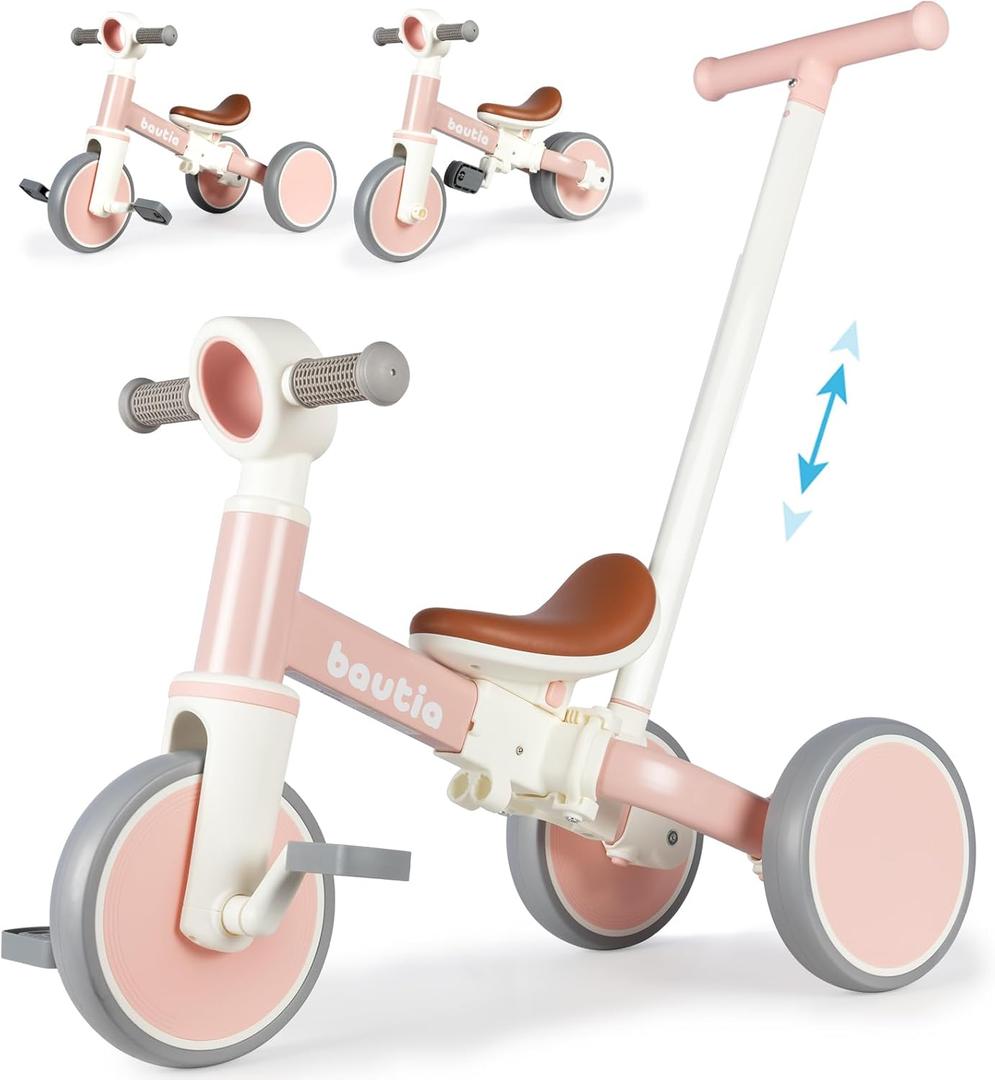 Bautia Kids Tricycle for Toddlers 1-3 with Push Handle, 5 in 1 Baby Balance Bike Toy for 1-4 Years Old Boys Girls Gift with Removable Pedals (No Parent Steering Version) (Peach)
