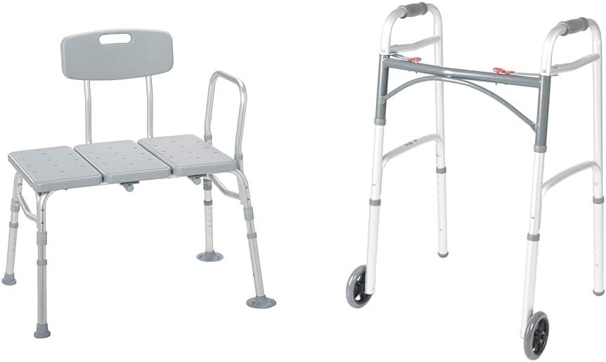 Drive Medical 12011KD-1 Tub Transfer Bench for Bathtub, Height Adjustable Shower Bench & 10210-1 2-Button Folding Walker with Wheels, Rolling Walker, Front Wheel Walker