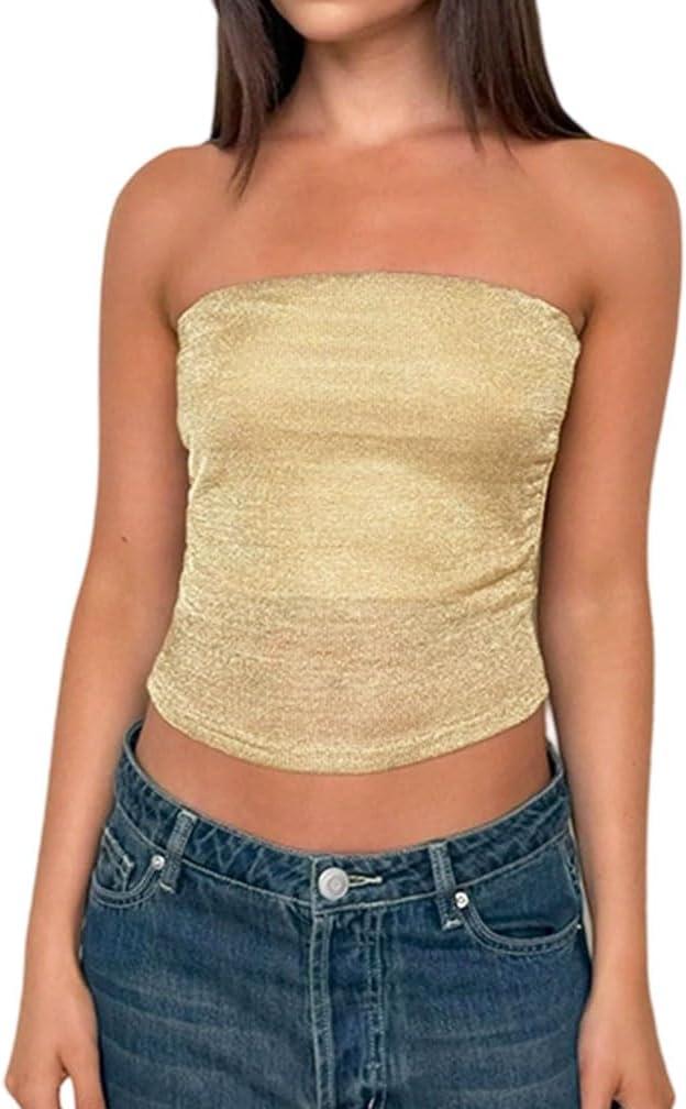 Women Sexy Sheer Mesh Strapless Metallic Crop Tube Tops Y2K Glitter Stretchy Going Out See Through Bandeau Tops (Medium, Gold)