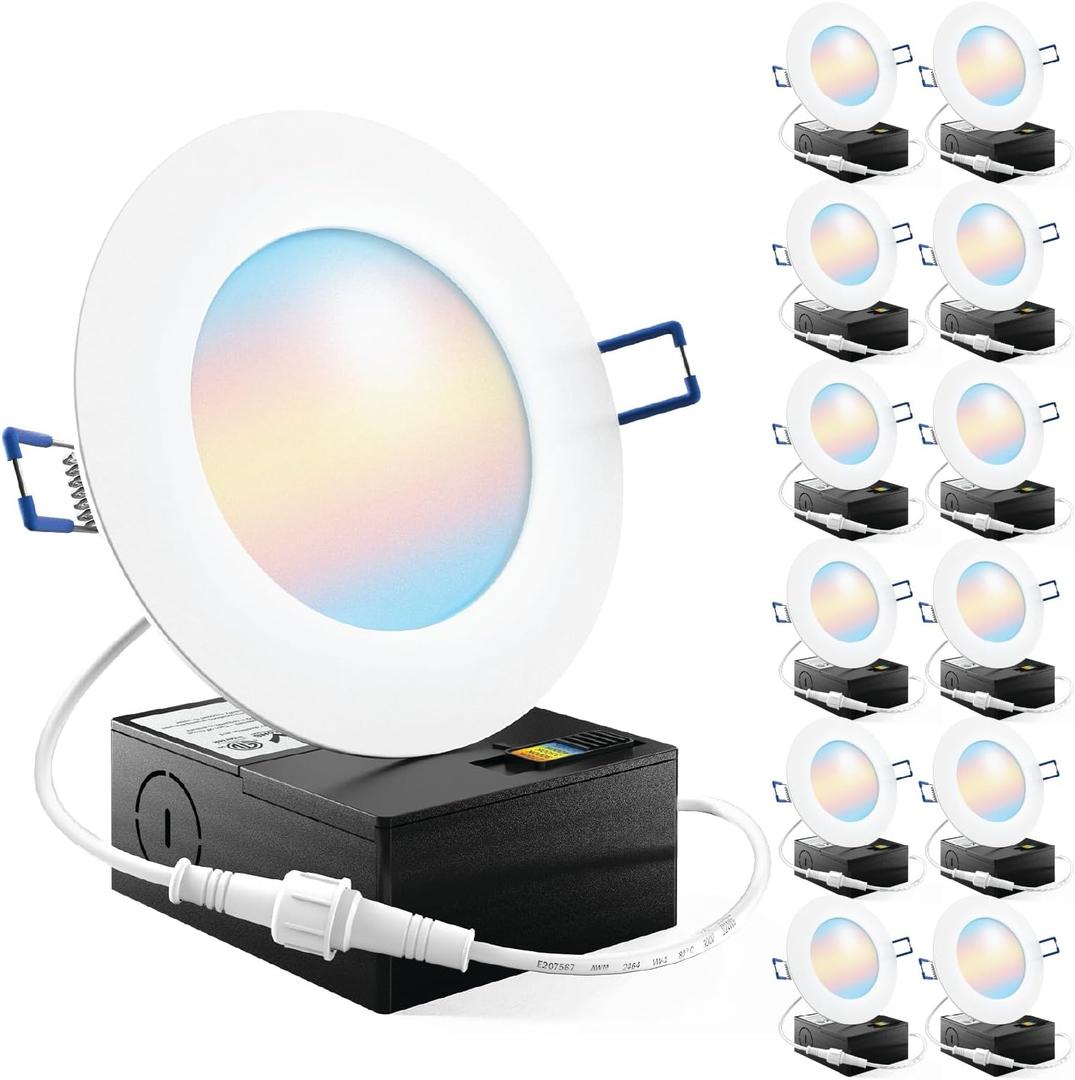 Sunco 12 Pack 4 Inch LED Recessed Lights, Canless Ceiling Light Slim, 650 LM, 10W, Selectable CCT 2700K/3000K/4000K/5000K/6000K, Dimmable, Wafer Thin, with Junction Box ETL.