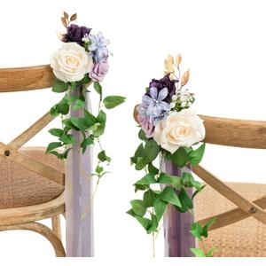 Ling's moment 8pcs Wedding Artificial Aisle Pew Flowers Chair Decorations Arrangements with Chiffon Ribbons Lilac Purple Gold for Ceremony Chair Back Floral Decor Reception Church Party Outdoor