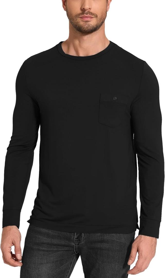 Bamboo Viscose Men's Long Sleeve Shirts Casual Crew Neck Pajama Tops (Medium, Black)