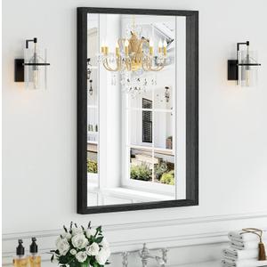 Syndra Black Wood Frame Bathroom Mirror, 24''x36'' Modern Vanity Mirror for Wall, Waterproof Slim Deep Frame, Rectangular HD Tempered Glass Mirror for Living Room, Bedroom, Entryway, Rustic, Farmhouse