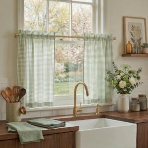 NICETOWN Linen Kitchen Short Curtains 36 Inch Length, Light Green Plaid Farmhouse Bathroom Decor Drapes, Light Filtering Tier Curtains with Rod Pocket for Living Room Bedroom, 2 Panels, 3036