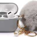 Protective Case Cover for Airpods Pro Charging Case with Ear Tips 1 Pair Kit, Air Pods Silicone Case with Soft Cute Ball Pom Pom Keychain Kit Together with Ear Buds Tips 2&1 (X, Grey)