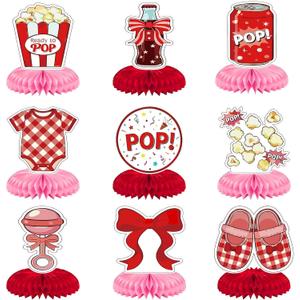 9Pcs She's Ready to Pop Baby Shower Decorations - Red and Pink Soda Pop & Popcorn Theme Honeycomb Centerpieces, She’s Ready to Pop Table Decorations for Gender Reveal, Baby Shower Party Supplies