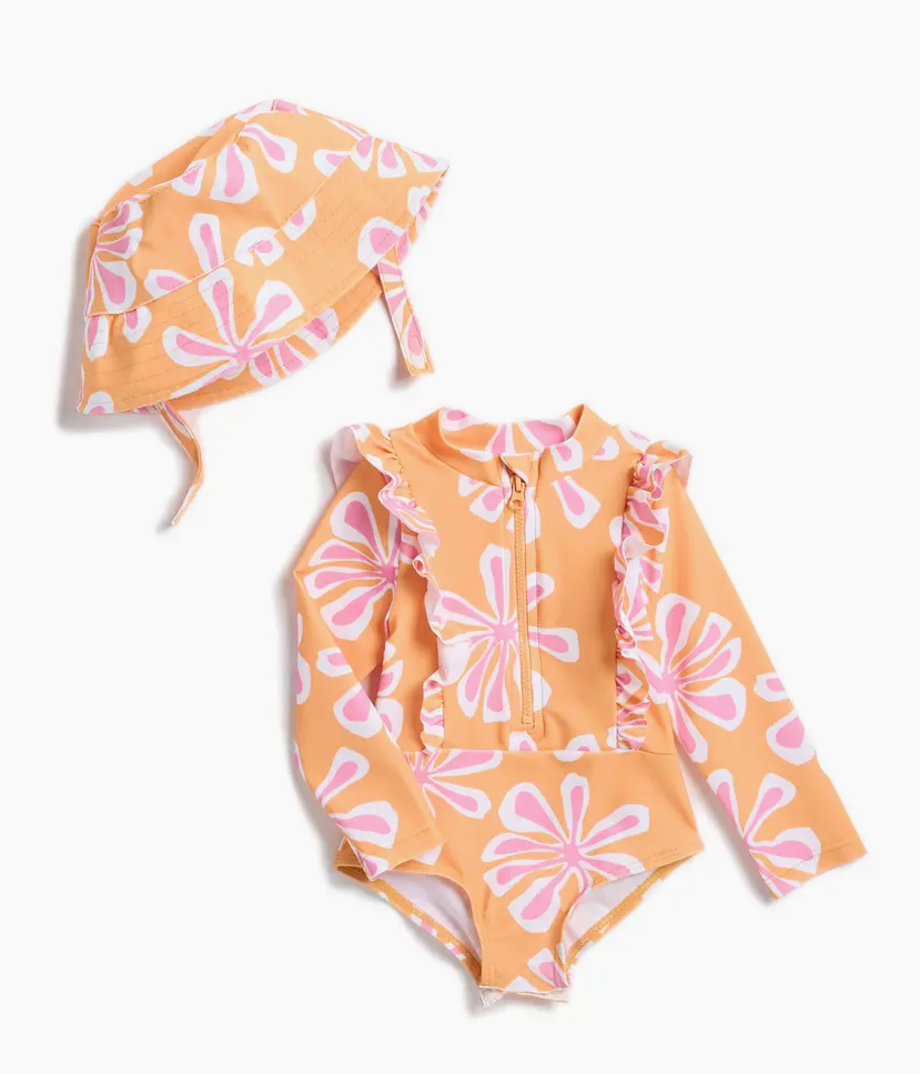Long Sleeve Swimsuit & Bucket Hat, Size 4T