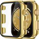 Misxi 2 Pack Tempered Glass Case Compatible for Apple Watch Series 3 Series 2 38mm, Hard PC Screen Protector Overall Protection Scratch-Resistant Cover for iWatch, 1 Glossy Gold + 1 Transparent