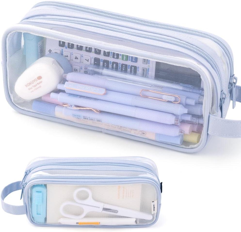 2 x ANGOOBABY Large Grid Mesh Pencil Case 2 Compartment Pen Bag Clear Handheld Multifunction Pencil Pouch Transparent Makeup Bag for Teen Student College Business Travel Office Adult - Blue