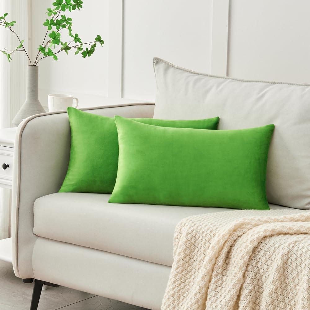Krifey Throw Pillow Covers Velvet Spring Decorative Square Pillowcase Soft Cushion Case for Couch Bedroom Car 12x20 Inch Apple Green, Pack of 2