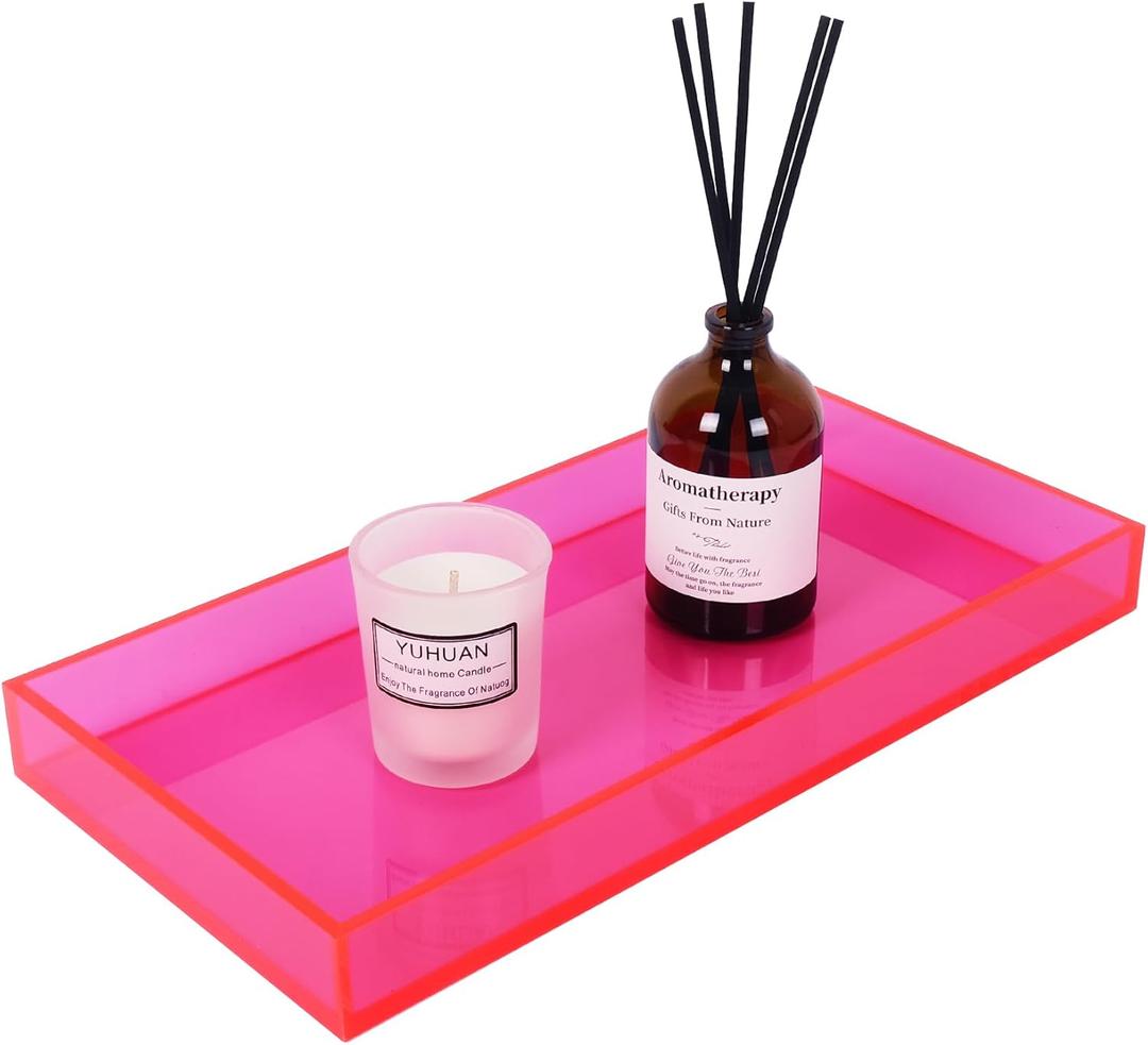 Acrylic Tray for Vanity Makeup, Perfume, Jewelry Holder, Napkin, Neon Pink 12x6'' Decorative Serving Tray for Bathroom, Toilet Tank, Sink Countertop, Living Room, Dresser, Coffee Table, Wedding