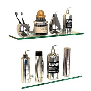GeekDigg 2 Sets Glass Shelves for Bathroom, No Drilling Shower Caddy Glass Shelves for Bathroom Wall Storage Organizer Shelf with Aluminum Bracket for, Room Divider Wall