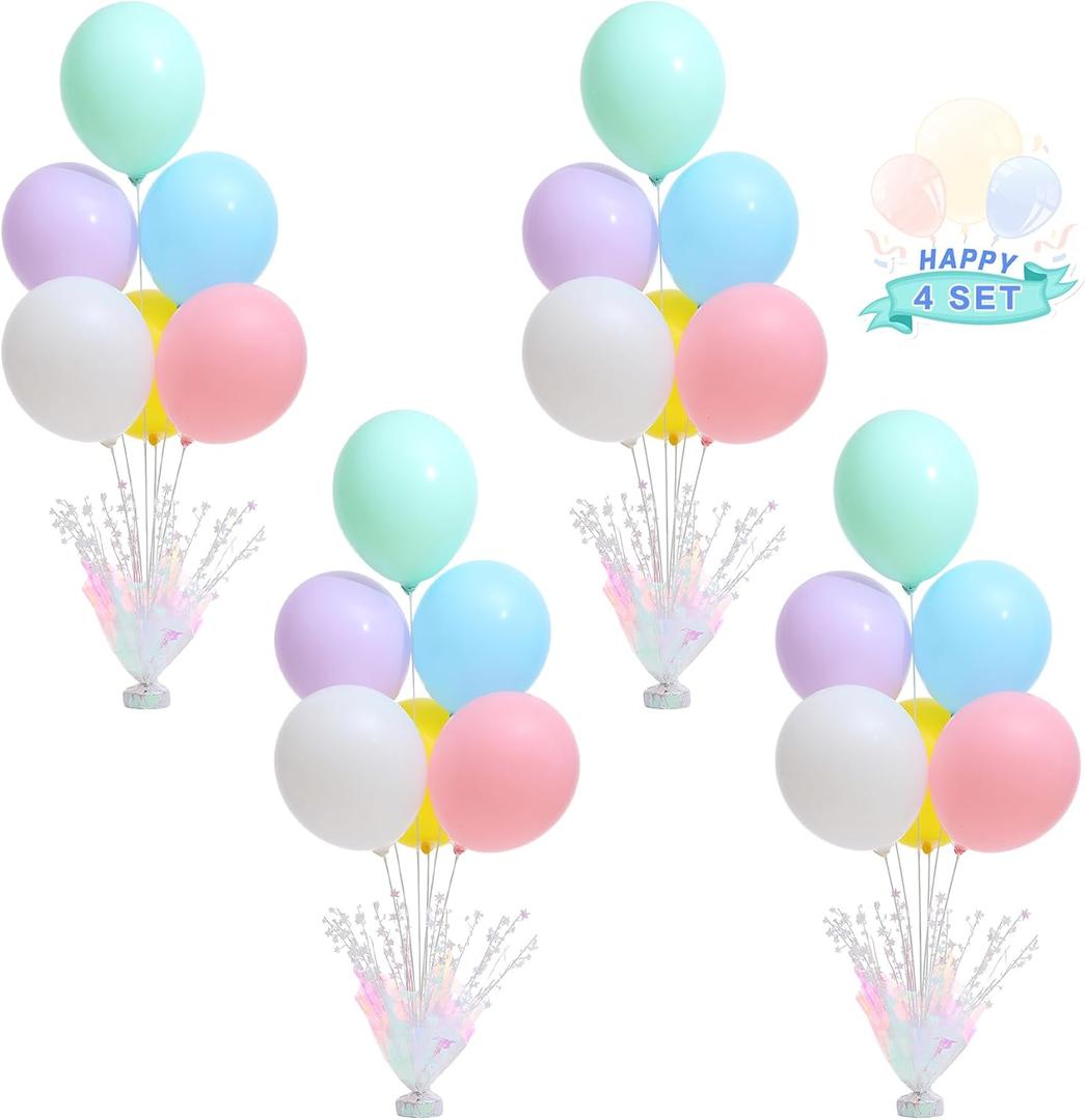 4 Set Pastel Birthday Decorations Rainbow Party Table Balloons Centerpiece Stand Kit with Pastel Multicolor Macaron Balloons for Girls Baby Shower Birthday Party Wedding Prom Unicorn Table Decorations 