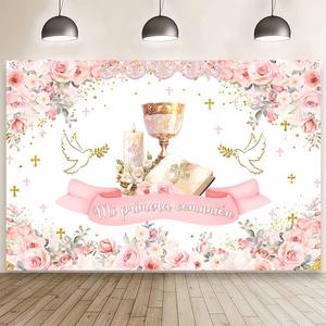 MEHOFOND 7x5ft Mi Primera Comunin Backdrop for Girl Pink Floral First Holy Communion Photography Background Grail Dove Bible Candle Cross Baptism Decor God Bless Party Photo Studio Props