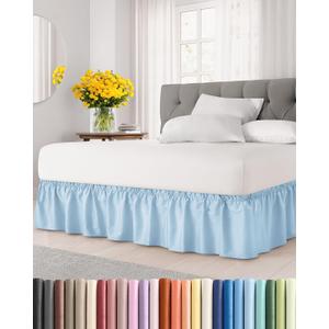 Wrap Around Dust Ruffle Bed Skirt - Sky Blue - for King Size Beds w/ 14 Inch Drop - Easy Fit Elastic Strap - Adjustable Pleated Bedskirt with Brushed Fabric - Wrinkle Free - Women, Men, Kids & Teens