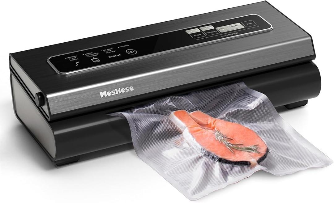 Vacuum Sealer Machine, Mesliese 90Kpa Powerful 6-in-1 Precision Compact Vacuum Food Preservation System with Cutter, 2 Bag Rolls & 5 Pre-cut Bags, Dry & Moist Modes Smart Suction, ETL Listed (Dark Gray)