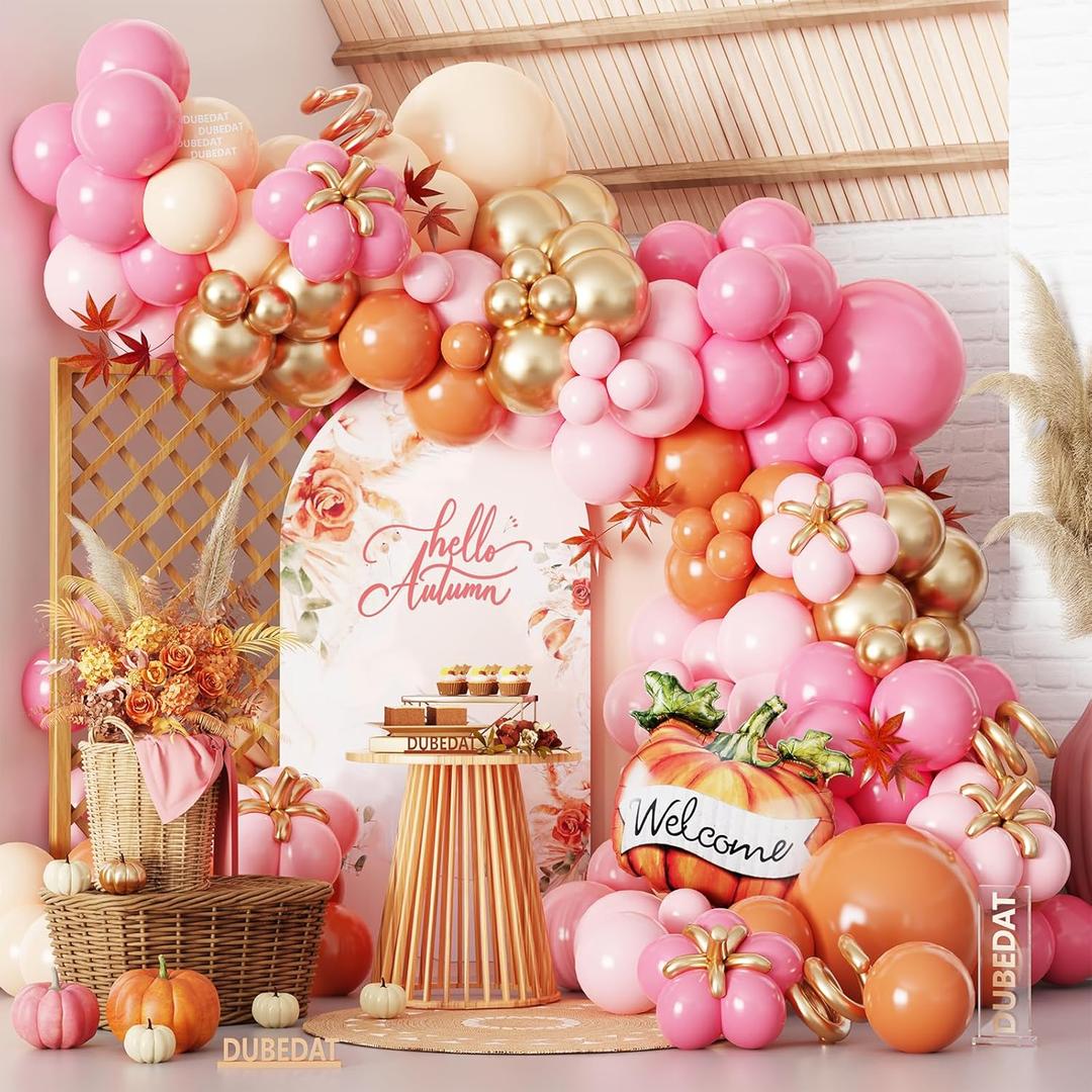 Fall Balloons Garland Arch Kit, 142Pcs Orange Pink Hotpink Nude Gold Balloons with Pumpkin Mylar Balloon for Hello A Little Pumpkin Baby Shower Autumn Birthday