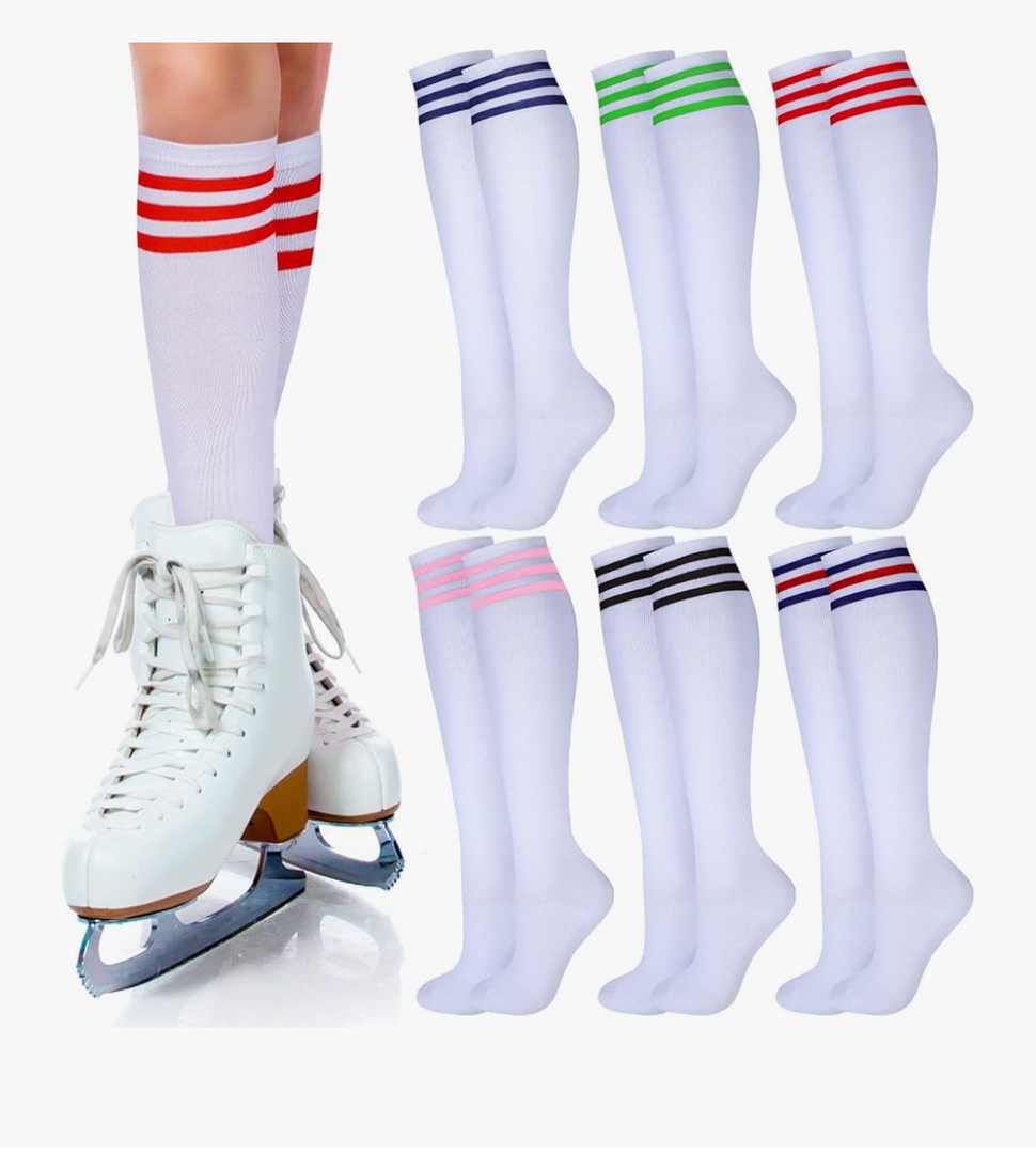 Unittype 6 Pair White Knee High Socks for Women Girls Striped Tube Socks Roller Skate Skating Soccer Sports Long Stockings Leg Warmer Gifts for Men Women Team Teens