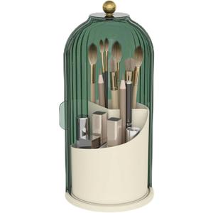 Makeup Brush Holder With Dustproof Cover 360 Rotating Makeup Brush Organizer For Vanity Bathroom, Green