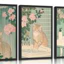 3Pcs Cute Funny Japanese bathroom Cat Canvas Wall Art plant flower Tabby Cat Posters Prints paintings Vintage Japan Toilet Wall Decor Pictures for Bathroom Toilet Home Decoration Unframed