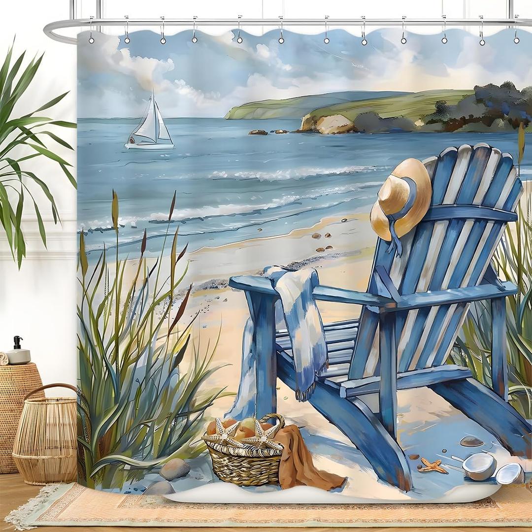 Summer Beach Coastal Shower Curtain 60Wx72L Inch Blue Sea Ocean Landscape Scenery Hawaii Waves Seaside Bathroom Accessories Set Decor Beachy Recliner Chair Waterproof Polyester Fabric 12 Hook