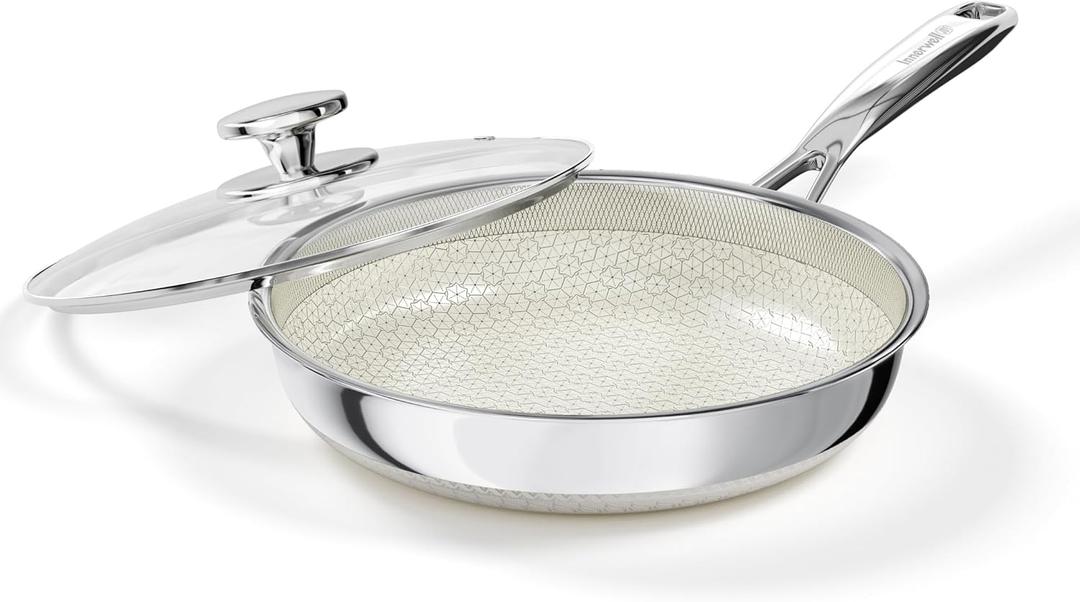 10 Inch Non Stick Frying Pan with Lid, Ceramic Hybrid Tri-Ply Stainless Steel Non Stick Skillet Pan W/ Lid Healthy Nonstick Cookware Induction Omelette Chef Frying Pan, Oven Safe, PFAS/PFOA/PTFE Free