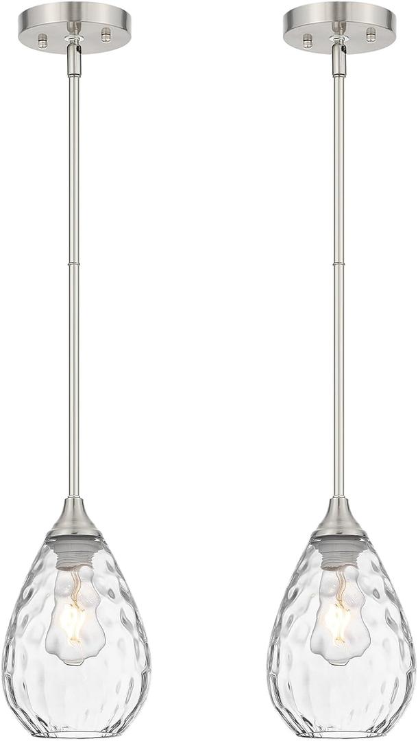 Brushed Nickel Pendant Lights Kitchen Island 2 Pack, Modern Glass Pendant Light Fixtures with Hammered Glass and Rods, Adjustable Small Hanging Light for Kitchen Sink Dining Room Bathroom