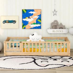 Bellemave Twin Size Floor Bed with Door and Fence for Kids, Montessori Floor Bed with Slats and Safety Guardrails,Solid Wood Twin Bed Frame for Girls Boys(Twin,Natural)