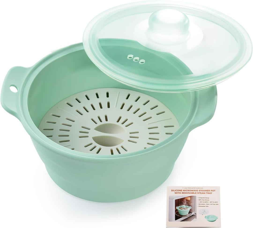 Collapsible Silicone Microwave Vegetable Steamer with Removable Steam Rack, AODISTUCE 42oz BPA-Free Silicone Steamer for Cooking Fresh & Frozen Vegetables Dumplings Buns Prep Meal, Dishwasher Safe