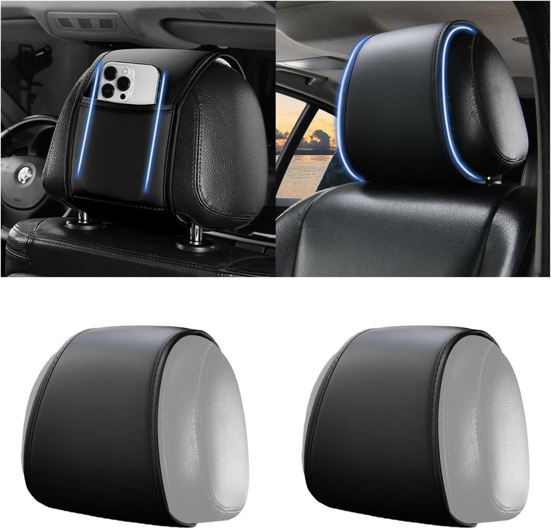 carleef 2PCS Upgrade Headrest Covers for Cars with Storage Pocket,Anti-Stain Leather Car Headrest Cover as Back Seat Organizer for Protection & Decoration,All Season Head Rest Cover for Car