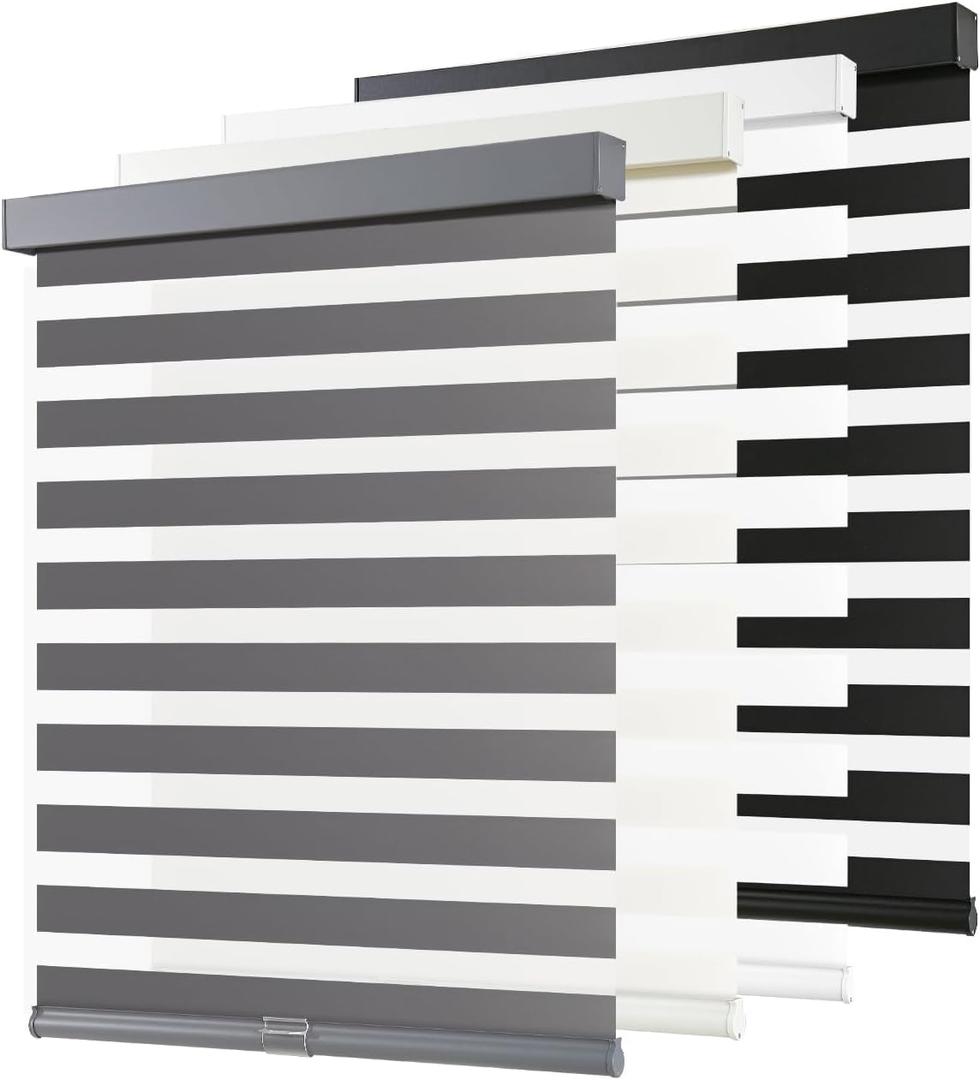 AOSKY Cordless Zebra Blinds for Windows Pull Down Roller Window Shades Dual Layer Light Filtering Privacy for Day and Night, Free-Stop Door Shades for Home Easy to Install (35" W X 48" HGrey)