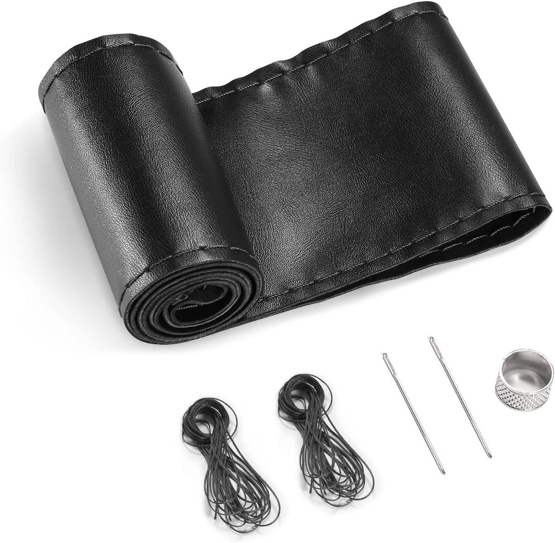 SEG Direct Genuine Leather Steering Wheel Cover, Stitch On Wrap, 15 Inch Steering Wheel Wrap for Car Truck SUV Pickup Boat, DIY Sewing with Needle Thread, Black