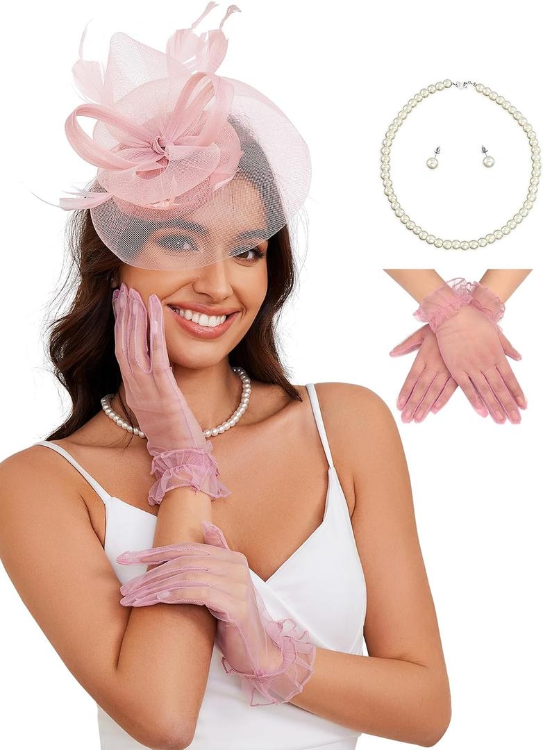 Ibeauti Fascinator Hats with Screentouch Lace Gloves Set for Women Tea Party Cocktail Wedding Derby Headwear Short Gloves
