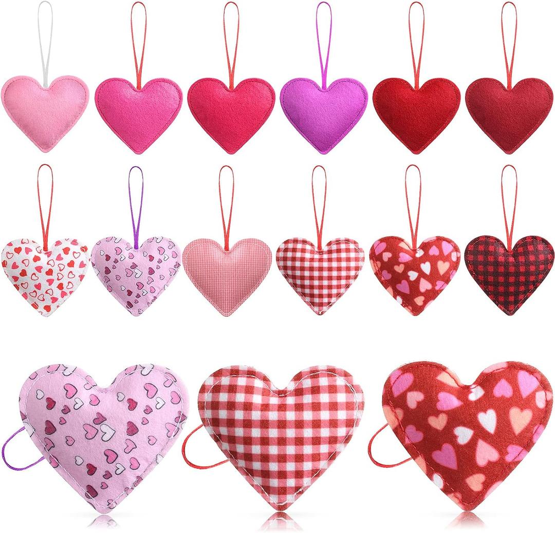 36 Pieces Valentines Felt Heart Ornaments Hanging Valentine Decorations Red Pink Buffalo Felt Hearts Ornaments for Tree Heart Decorative Hanging for Wedding Party Decor