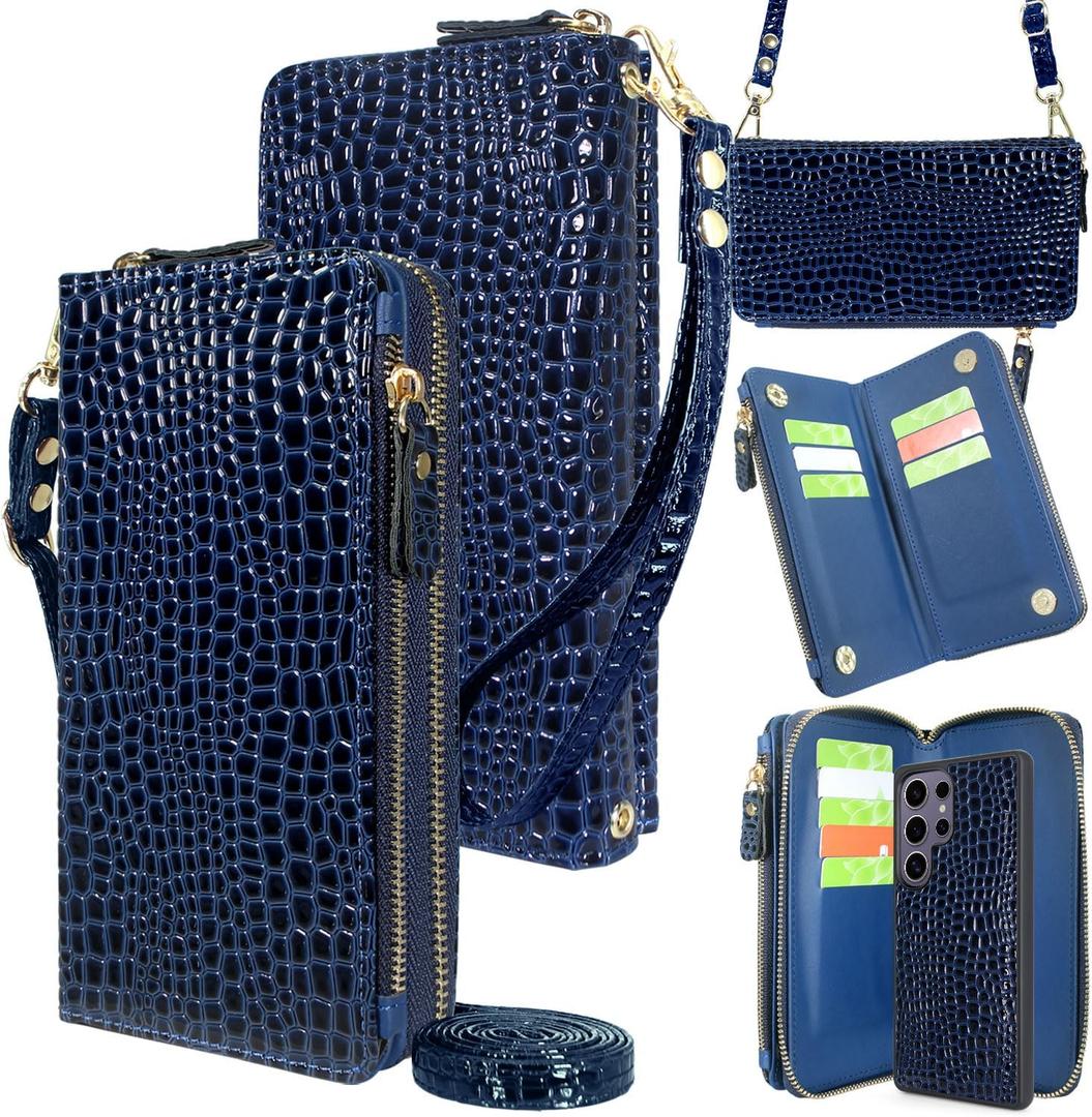 Harryshell Compatible with Samsung Galaxy S25 Ultra Case Wallet Detachable Phone Cover Dual Zipper [11 Card Slots] with [ RFID Blocking ] Crossbody Wrist Strap (Crocodile Deep Blue)