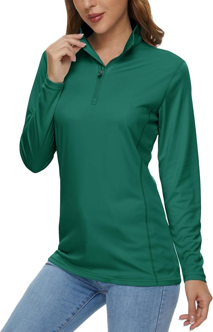 MAGCOMSEN Women's Shirts Long Sleeve 1/4 Zip UPF50+ UV Sun Protection Quick Dry Workout Hiking Athletic Shirts Rash Guard (Jade Green, X-Small)