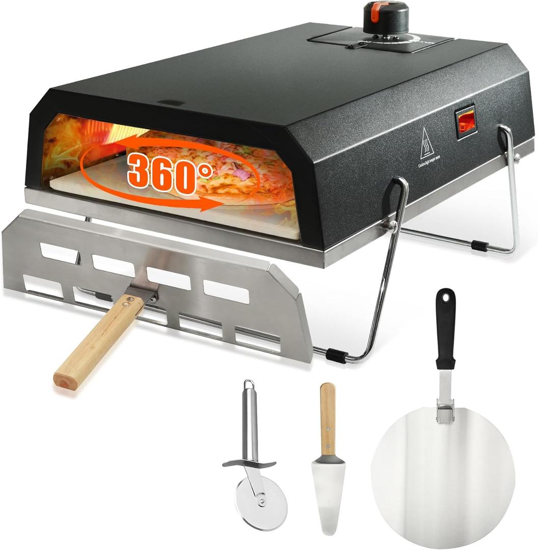 SafBbcue Outdoor Pizza Oven Stove Portable Propane Pizza Maker Gas Powered with Stone Baffle Door Peel and Cutter for Any Outdoor Kitchen Outside Camp Backyard Party Cooking, Black