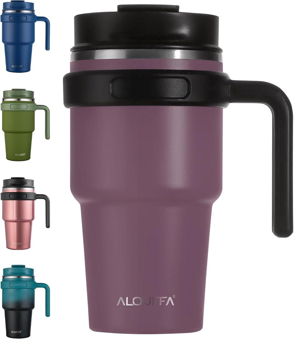 20 oz Insulated Coffee Mug Tumbler with Handle, Stainless Steel Travel Mug Tumbler with Lid and Straw, Double Wall Vacuum Leak Proof Ice Coffee Thermal Cup, Plum