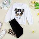 2 x Toddler Girl Clothes Figure Graphic Drop Shoulder Top Pullover Leopard Print Pants Fall Winter Outfit Set (White)