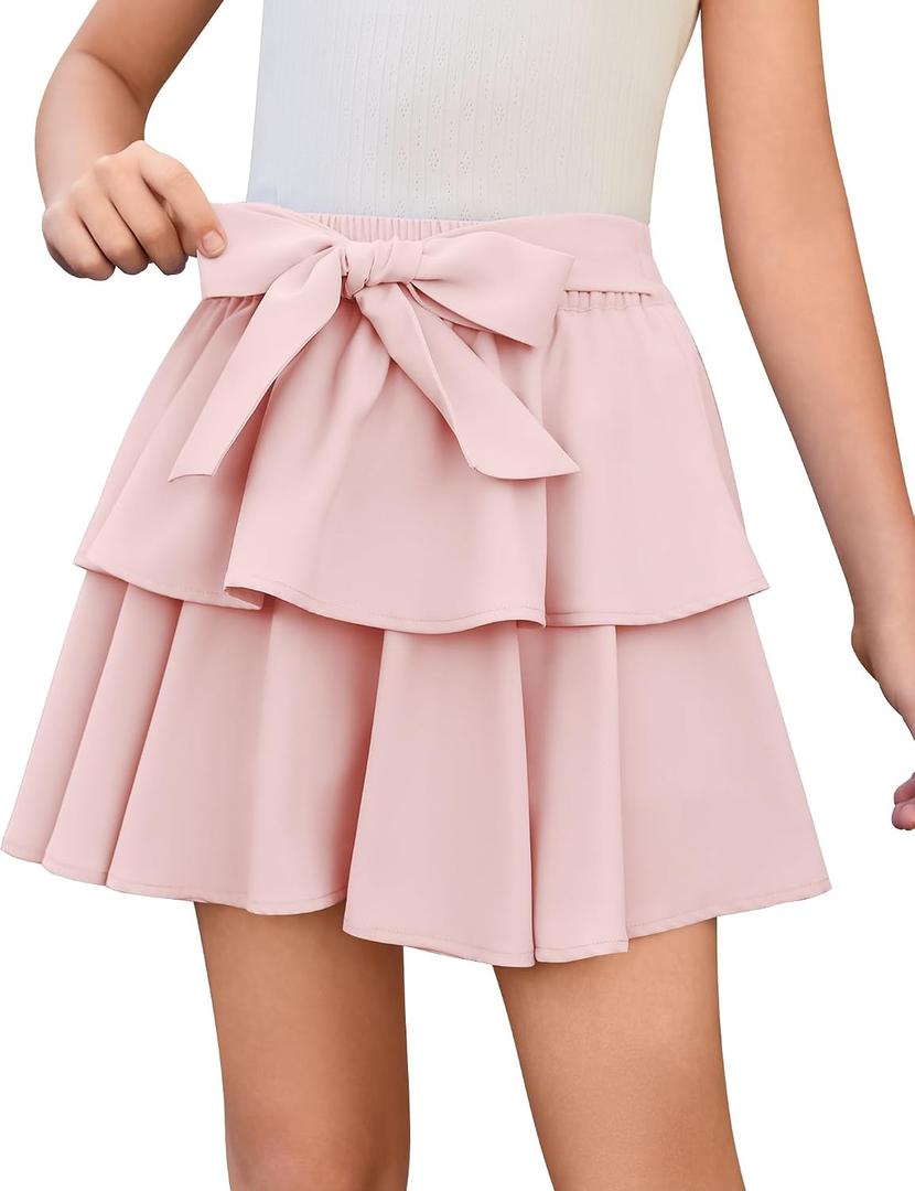 Girls Bow Mini Skirts Kids Elastic High Waisted Ruffle Tiered Skirt Party Dance Layered Skort for Teen 11-12Years