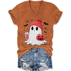 Women's T-Shirts V-Neck Boho Flowers Wildflowers Graphic Tees Shirts Cute Casual Summer Tops Short Sleeve T Shirt (Orange, M)