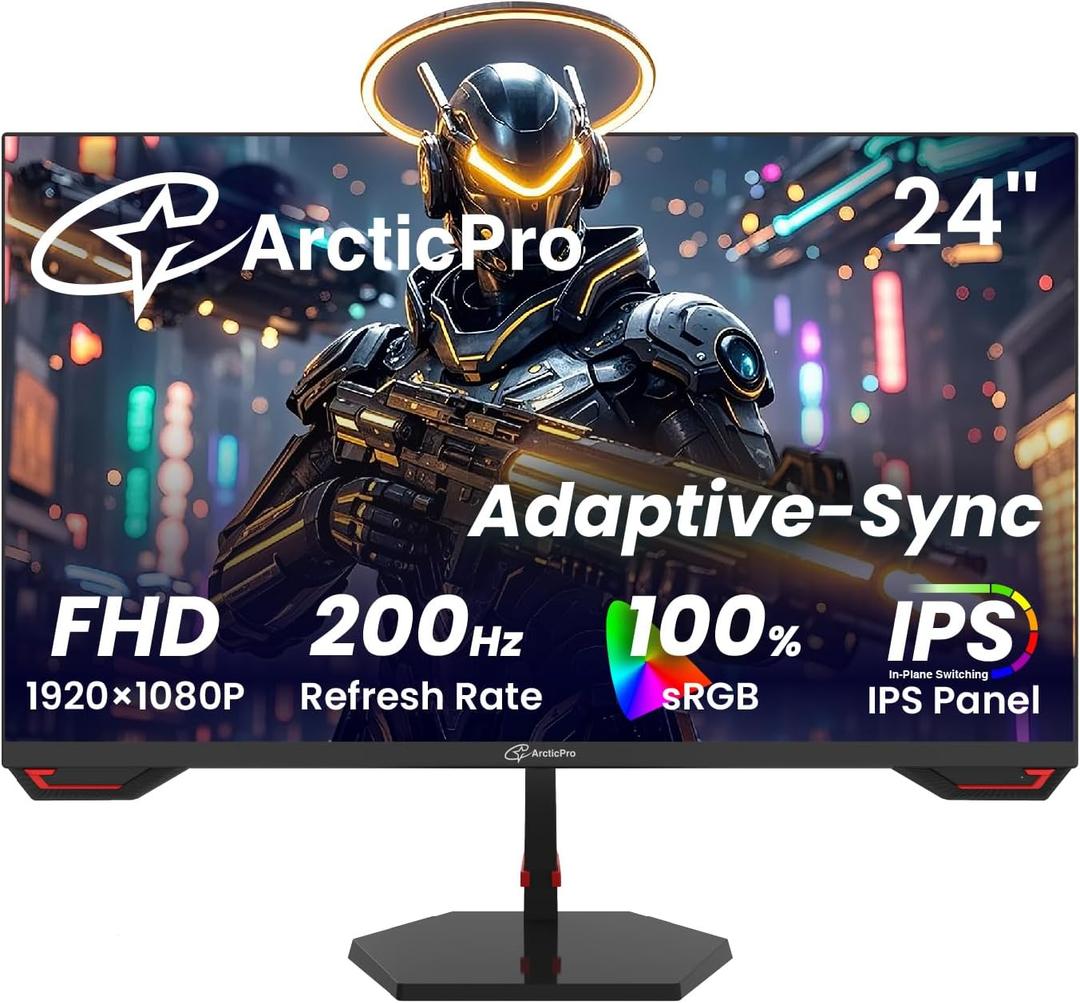 ArcticPro 24inch Gaming Monitor 200Hz 180Hz, FHD 1080p, IPS Panel, 1ms Response Time, Adaptive sync, PC Computer Monitor, 3-Sided Frameless, Ultra Slim, Bluelight Filter, DP*1, HDMI*1