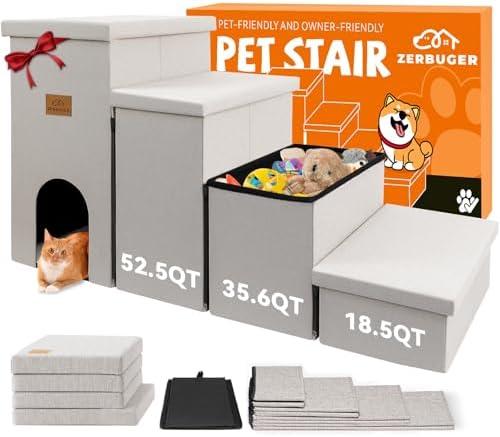 Zerbuger Dog Stairs with Condo 23" H, 3-Step Wider Folding Storage Pet Stairs Gift for Small/Medium/Large Old Dogs Cats, Dog Steps for High Beds Window, Ramp for Climbing Car Up to 200 lbs, Beige Gray