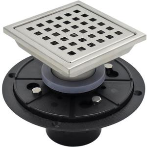 4 Inch Square Shower Floor Drain with Flange, Quadrato Pattern Grate Removable, Food-Grade SUS 304 Stainless Steel, Brushed Nickel 4 Inch Square Shower Floor Drain with Flange, Quadrato Pattern Grate Removable, Food-Grade SUS 304 Stainless Steel, Brushed Nickel