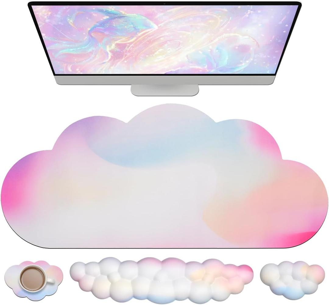 JIKIOU Large Cloud Mouse Pad Waterproof with Cloud Keyboard Wrist Pad and Cloud Mouse Wrist Pad Set, Ergonomic Computer Desk Wrist Support Mousepad for Keyboard and Mouse 35.4x15.7in Rainbow
