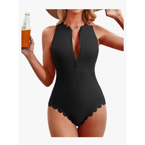 Charmo Scalloped Ribbed One Piece Swimsuit Zipper Racerback Bathing Suit Athletic Swimwear (No Size)