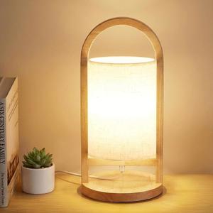 Small Table Lamp with Handle, 3 Color Temperature Bedside Lamp for Bedroom, Wood Base with Linen Shade, Portable Modern Nightstand Lamp for Living Room, Office & Dorm (LED Bulb Included)