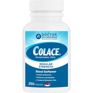 Colace Stool Softener 100 mg, 250 Capsules, Constipation Relief, Docusate Sodium, Gentle Docusate, Stimulant-Free, Regular Strength, #1 Doctor Recommended Stool Softener Brand