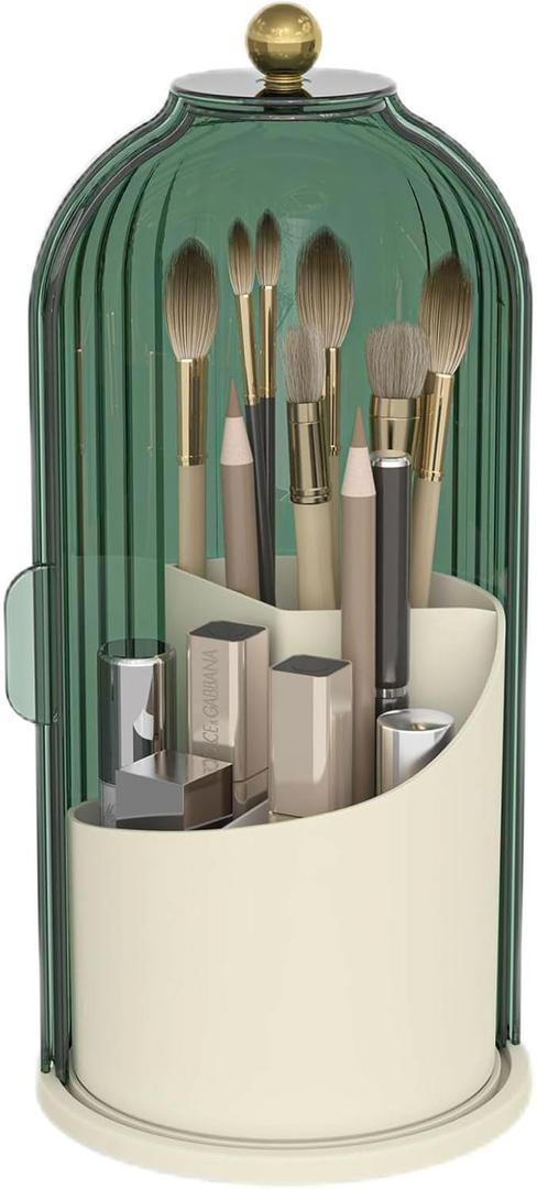 Makeup Brush Holder with Dustproof Cover 360 Rotating Makeup Brush Organizer for Vanity Bathroom, Green